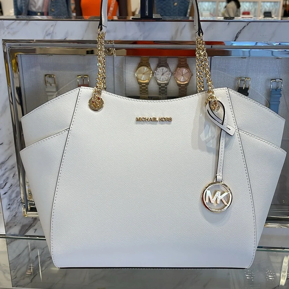 Michael Kors Jet Set Travel Lg Saffiano Leather Chain Shoulder Tote Optic White